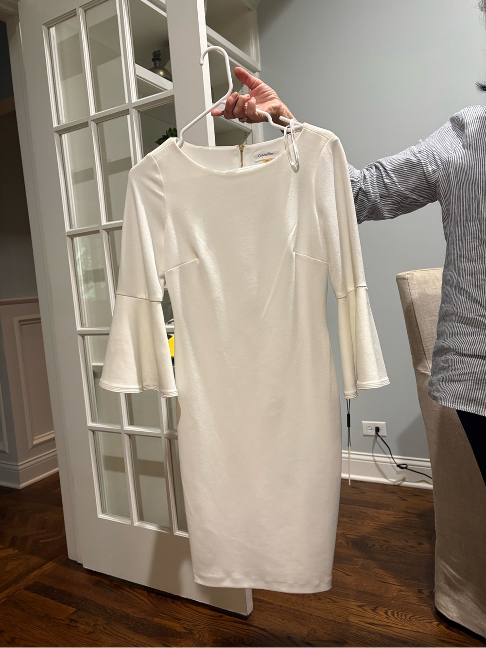 Calvin Klein Cream Midi Sheath Dress with Bell Sleeves
